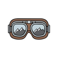Fototapeta premium Vintage aviator goggles with mountain reflections in the lenses, featuring a brown leather frame and silver accents.