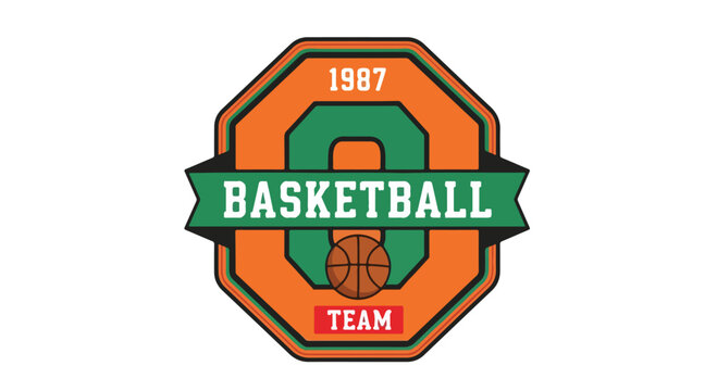 Basketball team logo featuring a green banner with a basketball icon and the year 1987 on an orange shield background