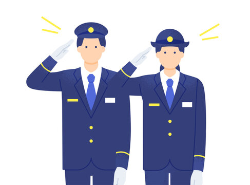 敬礼する男女の駅員 冬服の上半身カットのベクターイラスト素材