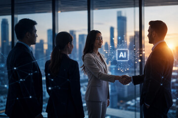 Obraz premium AI generated business leaders forming strategic partnership supported by artificial intelligence technology digital networks innovation modern corporate environment