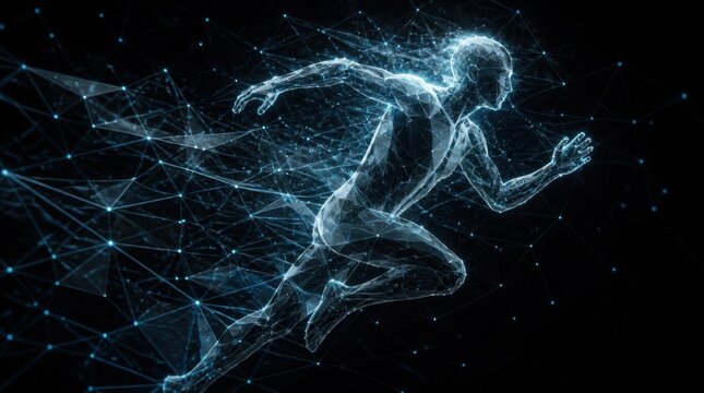 Futuristic digital runner made of glowing particles and network lines on black background.