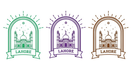 Naklejka premium Set of three colorful vintage-style cityscape logos featuring iconic landmarks and architectural details of Lahore