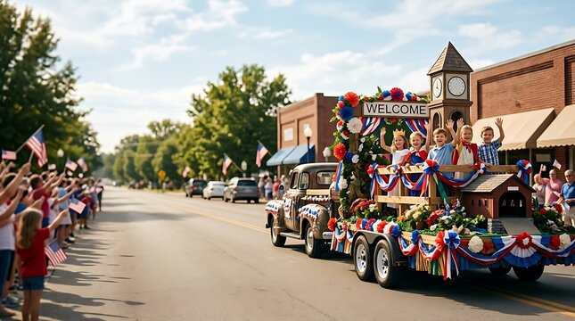 Patriotic small town parade with children waving from a festive float
