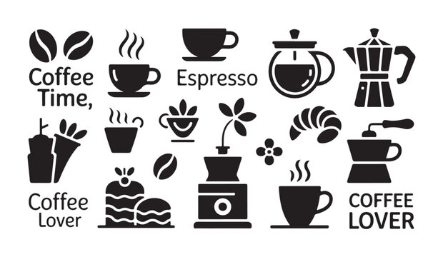 Coffee time and coffee lover theme icons and graphics for cafe or coffee shop promotion.