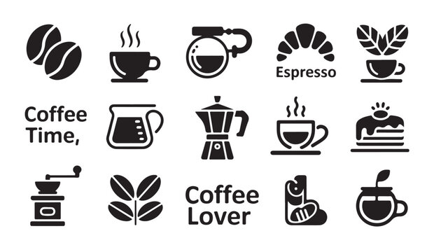 Collection of coffee related icons with text for coffee shops and coffee enthusiast.