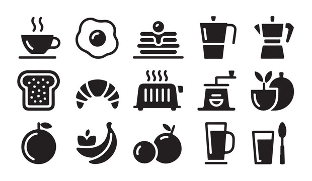 Coffee and breakfast silhouettes showcasing espresso makers toaster fruit and morning drinks.