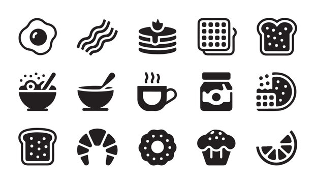 Minimalist breakfast icons collection with fried egg bacon pancakes waffles and pastry food.