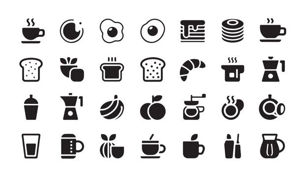 Morning beverage and snack icon pack with coffee cups bread fruit and brewing accessories.