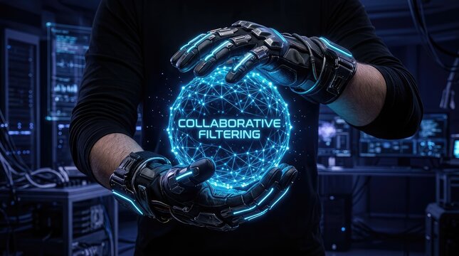 Man in Cyberpunk Gloves Holding Blue Holographic Globe with Text in Dark Server Room with Computers and Cables
