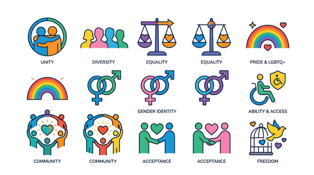 Diversity, Equality, Inclusion Icons: Unity, Pride, Community, Acceptance, Freedom