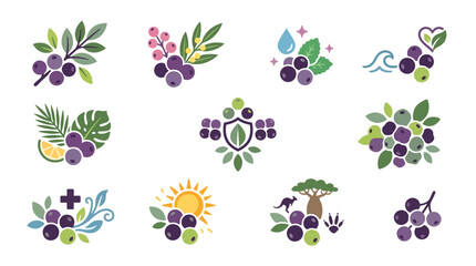 Collection of stylized acai berry icons and logos representing health, nature, and lifestyle. © tr