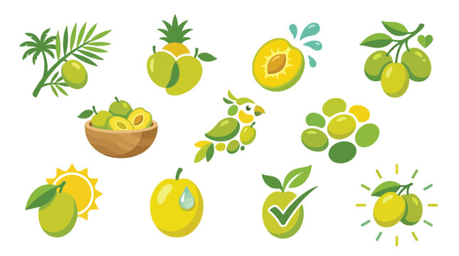Collection of stylized green fruit icons and illustrations, including plums, olives, and a parrot, with elements like leaves, sun, and water splashes.