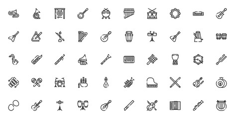 Music instruments icon set. Minimal line vector icon pack. Includes symbols for trombone, drum, banjo, guitar, harp, violin, piano, saxophone, flute, cello and more. Editable vector stroke. © wang