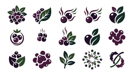 Collection of stylized berry icons and logos, featuring grapes, blueberries, and other dark fruits with leaves and abstract elements. © tr