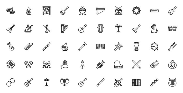 Music instruments icon set. Minimal line vector icon pack. Includes symbols for trombone, drum, banjo, guitar, harp, violin, piano, saxophone, flute, cello and more. Editable vector stroke.