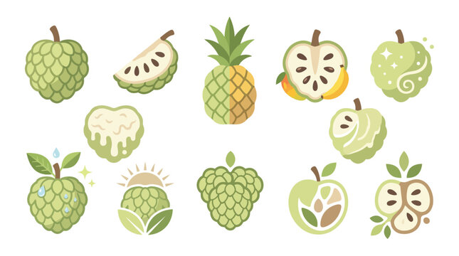 Collection of stylized illustrations of custard apples and pineapples, showcasing their unique textures and forms.