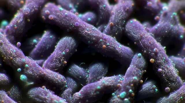 Extreme macro of purple woven fabric fibers with small colorful spheres and particles