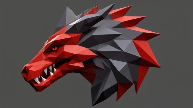 Geometric dragon head rendered with red and black polyhedral design