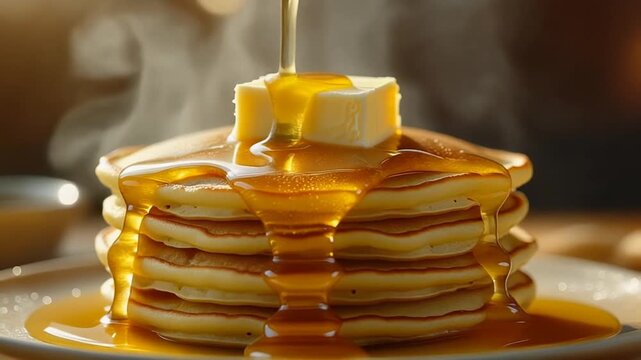 Stack of pancakes with butter and syrup close up food photography