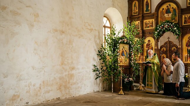 Orthodox priest and praying parishioners in a traditional church