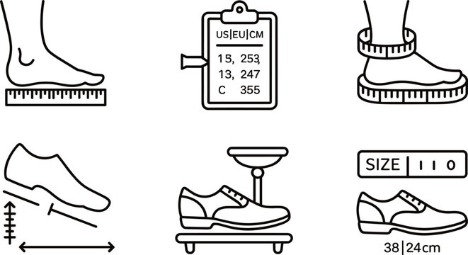 Foot Measurement And Shoe Size Line Icons Collection Featuring Footwear Fitting, Orthopedic Assessment, Retail
