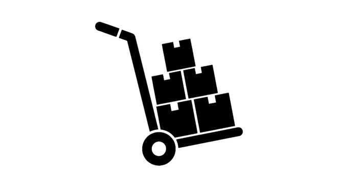 Minimal black silhouette icon, simple flat vector, bold black shape, no, no shading hand truck with stack of cardboard boxes on a, flat icon style