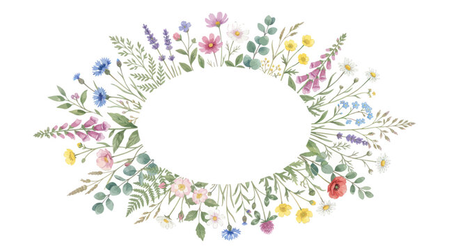 Watercolor floral oval frame with wildflowers and greenery, isolated on white.