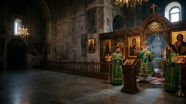 Orthodox clergy performing a religious ceremony in a stone cathedral
