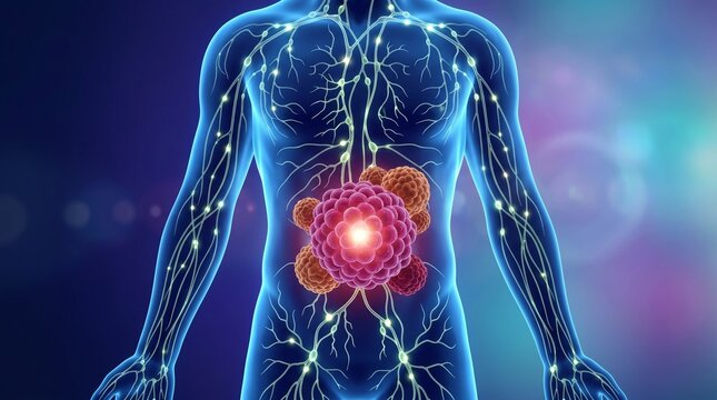 Human Lymphatic System and Abdominal Tumor or Cancer Illustration