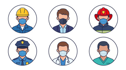 Fototapeta premium A set of 6 professional worker avatar icons wearing protective face masks.