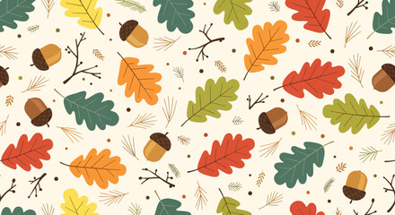 Fototapeta premium Autumn Fall Seamless Pattern: Oak Leaves, Acorns, Twigs, and Pine Needles on Creamy Background