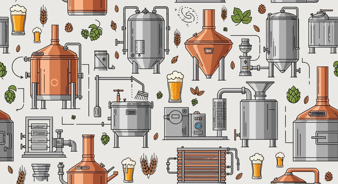Brewery Equipment Seamless Pattern: Craft Beer Production, Copper and Stainless Steel Machinery