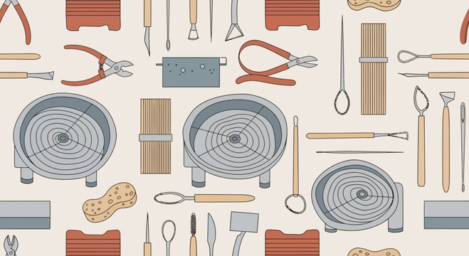 Pottery Tools and Equipment Seamless Pattern Background, Ceramic Craft Supplies