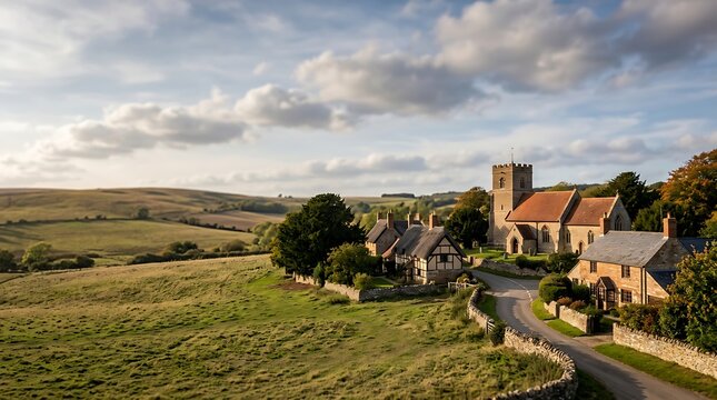 Scenic english village with stone church and rolling hills