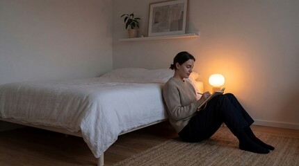Fototapeta premium Woman relaxing on floor with laptop beside bed in dimly lit room