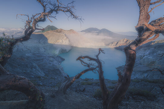 Panorama of crater of active volcano Ijen, Java island, Indonesia