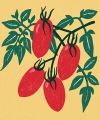 Obraz premium Vibrant Illustration of Ripe Roma Tomatoes Growing on the Vine with Green Leaves