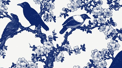 Obraz premium Traditional Blue and White Chinoiserie Bird and Blossom Illustration on White Background