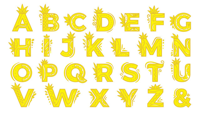 Alphabet Letters Decorated with Cannabis Leaves, Yellow Font, Decorative Typography