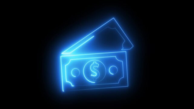 Neon Glowing Money Two Dollar Sign Bills Icon Business Economy Finance Savings Line Vector Animation. Dollar Sign Currency Icon on Black Background.4k