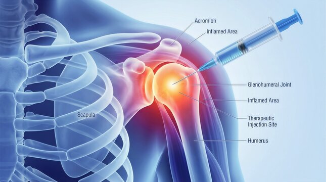 Human Shoulder Joint Anatomy and Medical Steroid Injection Illustration