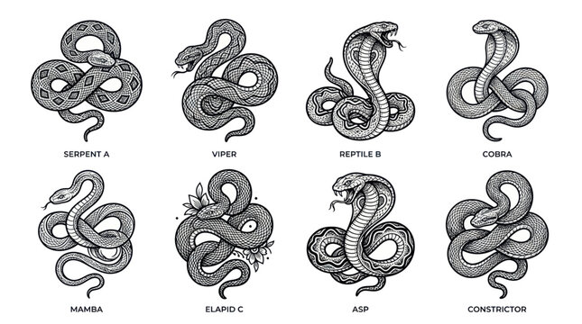 Set of Snake Illustrations: Cobra, Viper, Serpent, Mamba, Asp, Constrictor