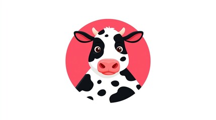 Naklejka premium Cute Black And White Holstein Friesian Cow Face Mascot Illustration On Pink Circle Background