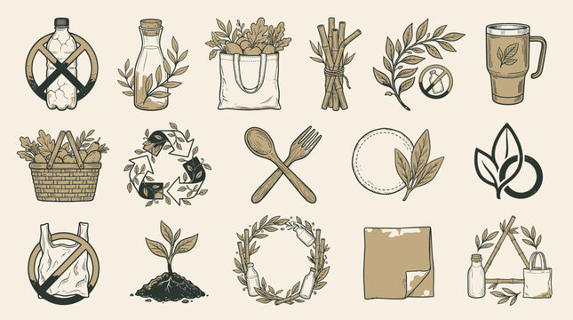 Hand Drawn Eco Friendly Zero Waste Lifestyle Icons Collection for Sustainable Living Projects