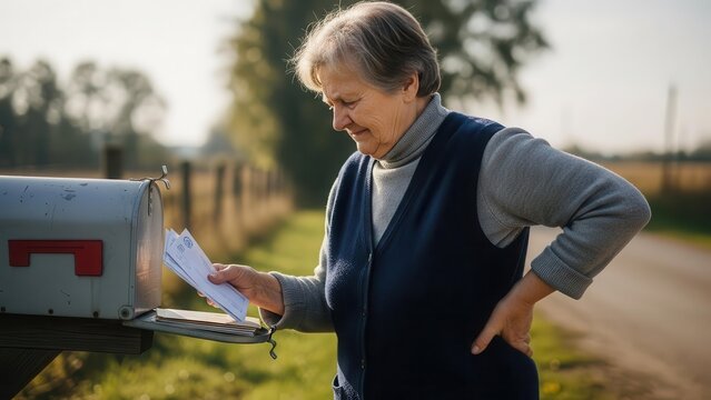 Elderly woman with back pain checking her mailbox in a rural setting.