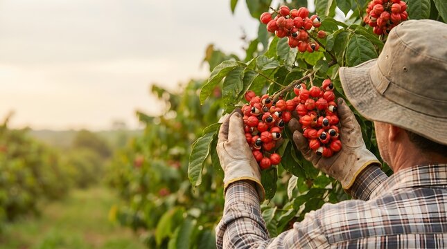 Farmer harvesting ripe cherry berries from a tree in an orchard, agricultural produce and healthy eating macro close-up, food detail, natural background