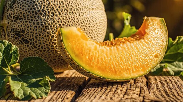 Fresh cantaloupe melon whole and sliced on rustic wooden table in sunlight