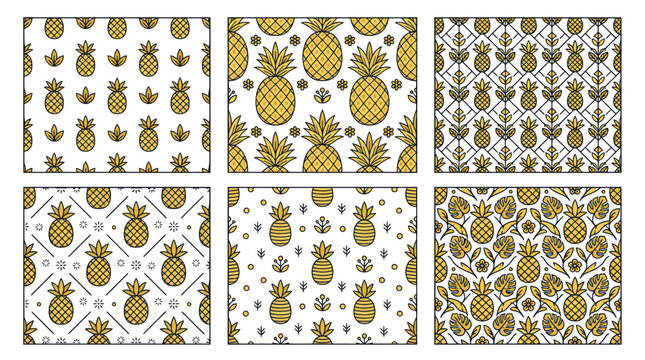 Golden Pineapple Seamless Patterns Collection - Tropical Fruit & Botanical Design