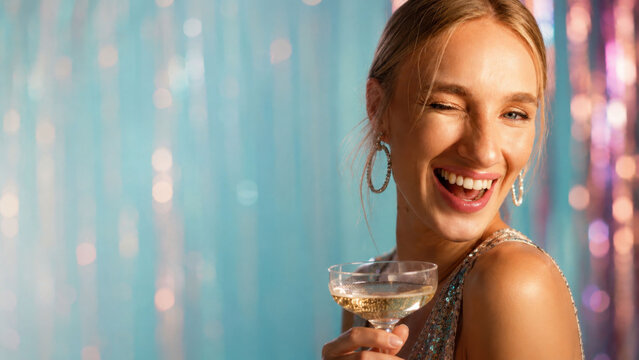 Playful young woman winking and holding champagne glass glamorous party celebration nightlife beauty fashion concept with sparkling lights and festive atmosphere