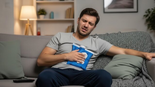 Man experiencing chest pain or stomach discomfort, holding a cold pack while sitting on a sofa at home.